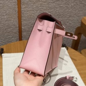 Hermes Kelly Danse 22 Bag Handmade In Swift Calfskin Leather Silver Hardware 3q Rose Sakura - Image 15