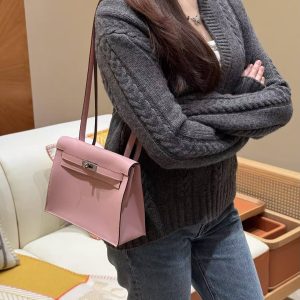 Hermes Kelly Danse 22 Bag Handmade In Swift Calfskin Leather Silver Hardware 3q Rose Sakura - Image 4