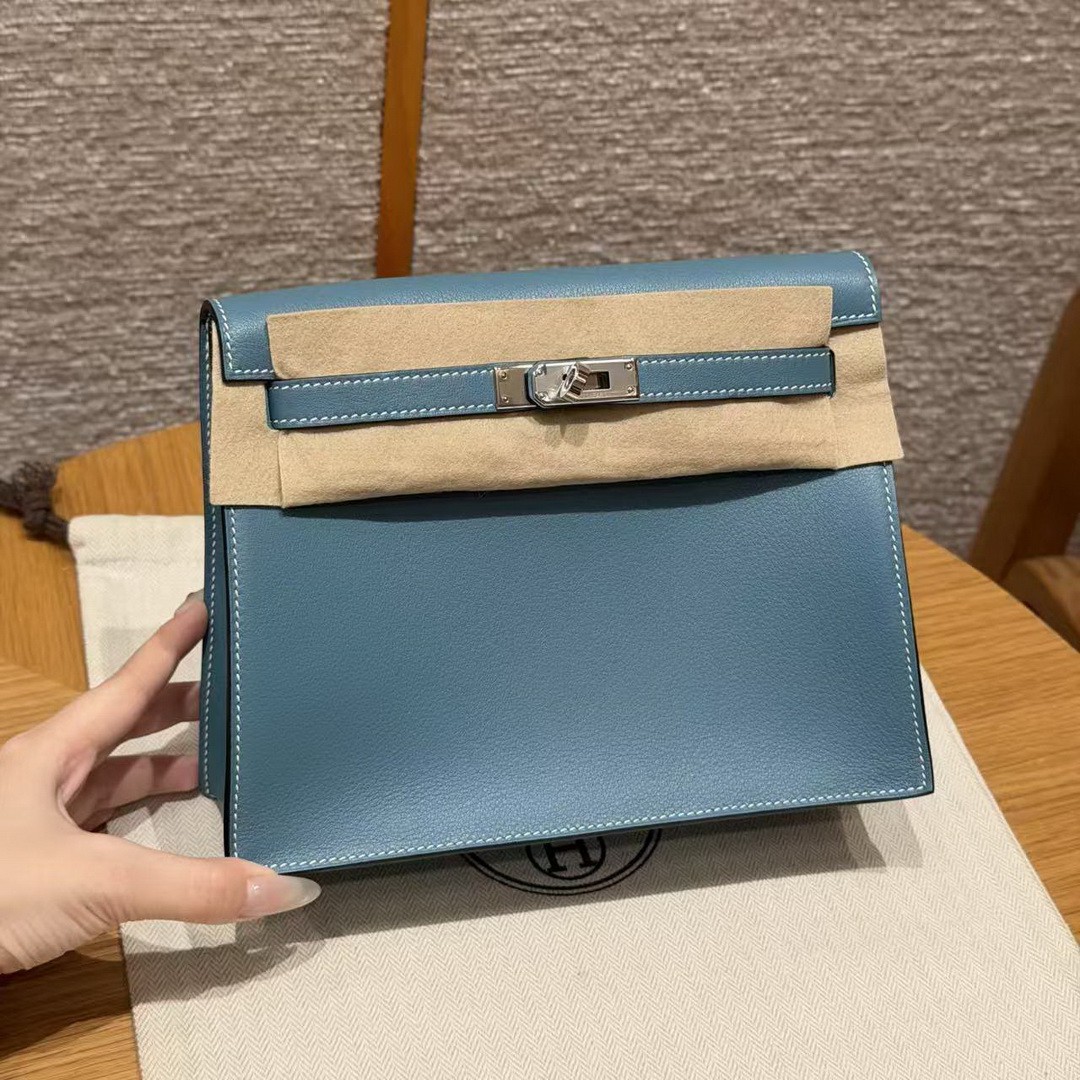 Hermes Kelly Danse 22 Bag Handmade In Swift Calfskin Leather Silver Hardware 75 Blue Jean