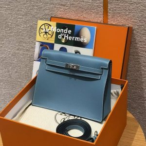 Hermes Kelly Danse 22 Bag Handmade In Swift Calfskin Leather Silver Hardware 75 Blue Jean - Image 3