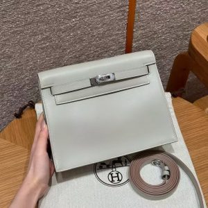 Hermes Kelly Danse 22 Bag Handmade In Swift Calfskin Leather Silver Hardware M4 Gris Pale