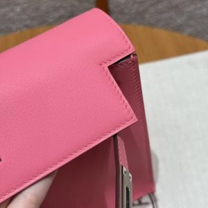 Hermes Kelly Danse 22 Bag Handmade In Swift Calfskin Leather Silver Hardware U5 Rose Lipstick - Image 18