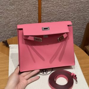 Hermes Kelly Danse 22 Bag Handmade In Swift Calfskin Leather Silver Hardware U5 Rose Lipstick - Image 11