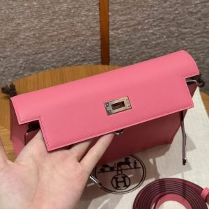Hermes Kelly Danse 22 Bag Handmade In Swift Calfskin Leather Silver Hardware U5 Rose Lipstick - Image 8