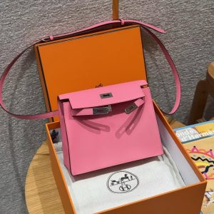 Hermes Kelly Danse 22 Bag Handmade In Swift Calfskin Leather Silver Hardware U5 Rose Lipstick - Image 3
