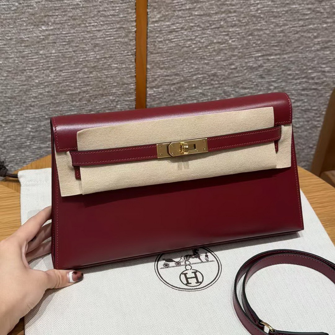 Hermes Kelly Elan Handmade In Box Calfskin Leather Gold Hardware 55 Rouge H