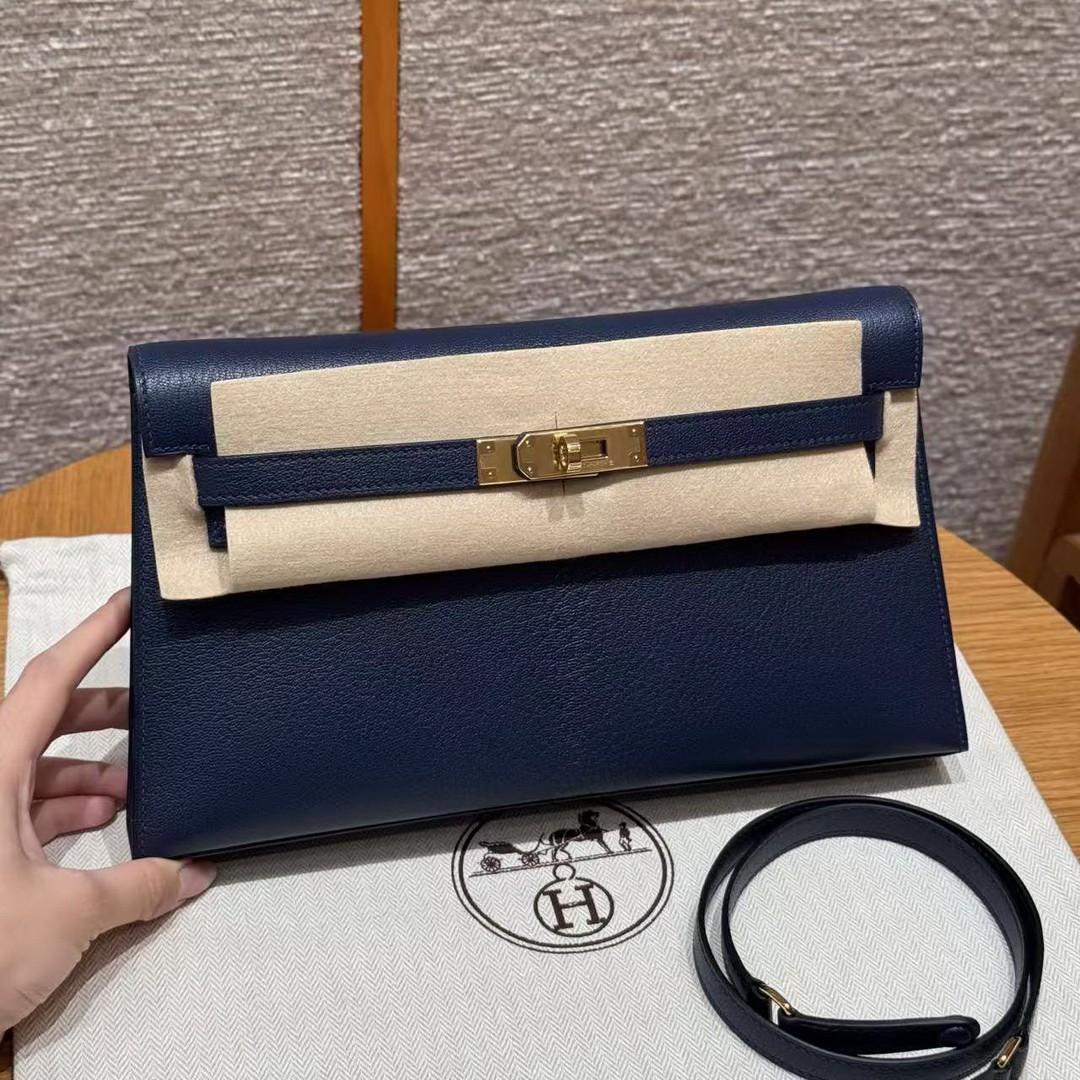Hermes Kelly Elan Handmade In Chèvre Leather Gold Hardware 73 Blue Saphir