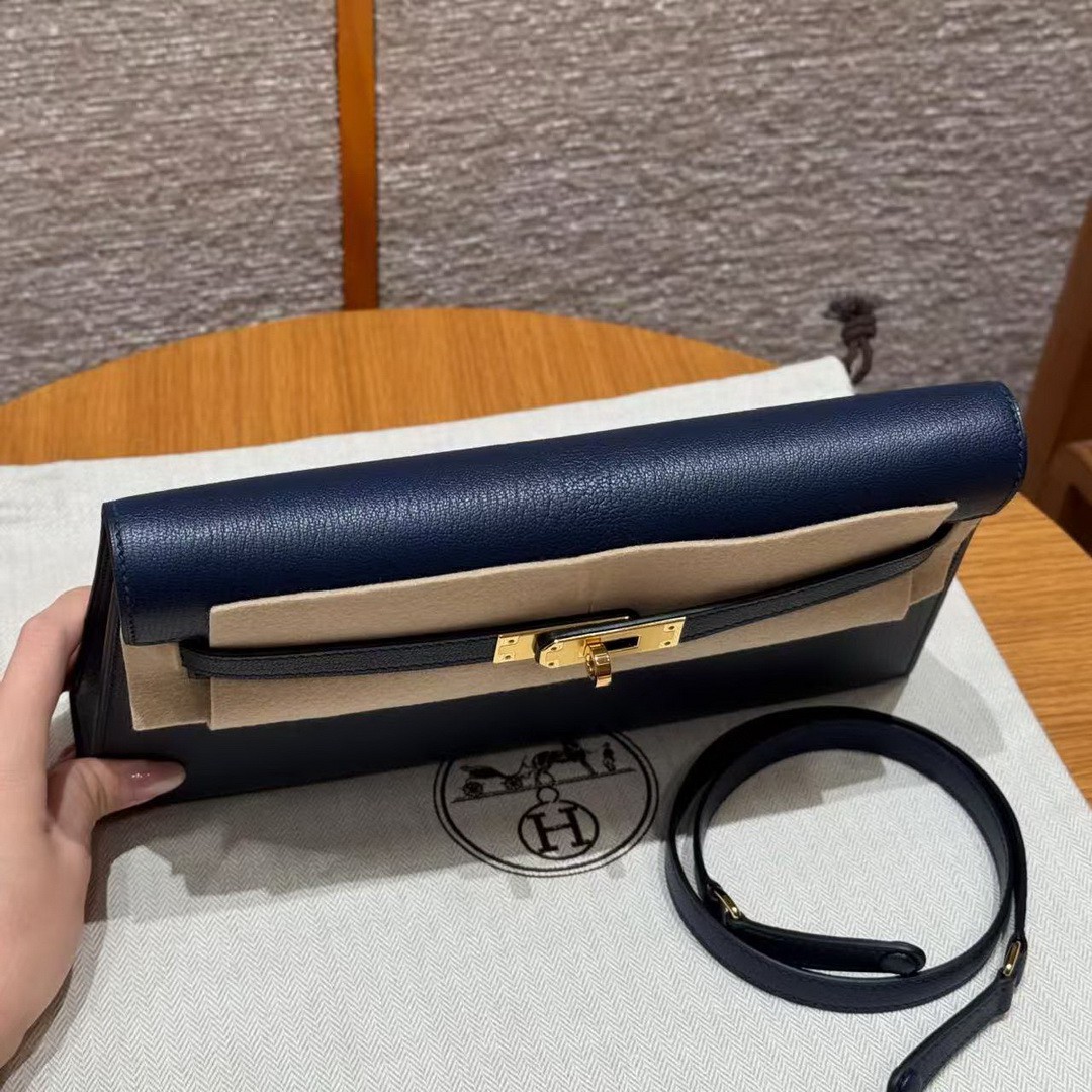 Hermes Kelly Elan Handmade In Chèvre Leather Gold Hardware 73 Blue Saphir - Image 16