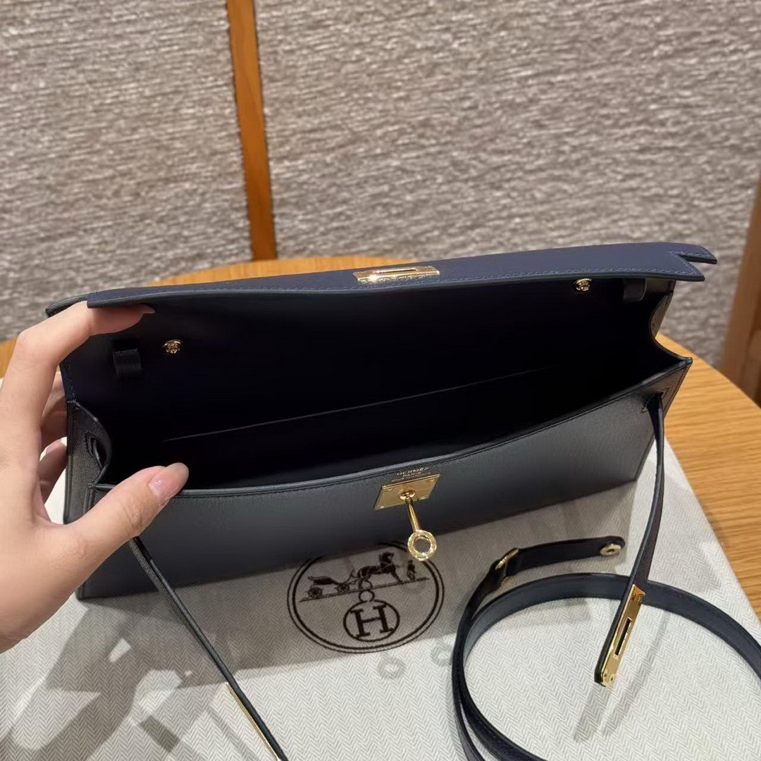 Hermes Kelly Elan Handmade In Chèvre Leather Gold Hardware 73 Blue Saphir - Image 15