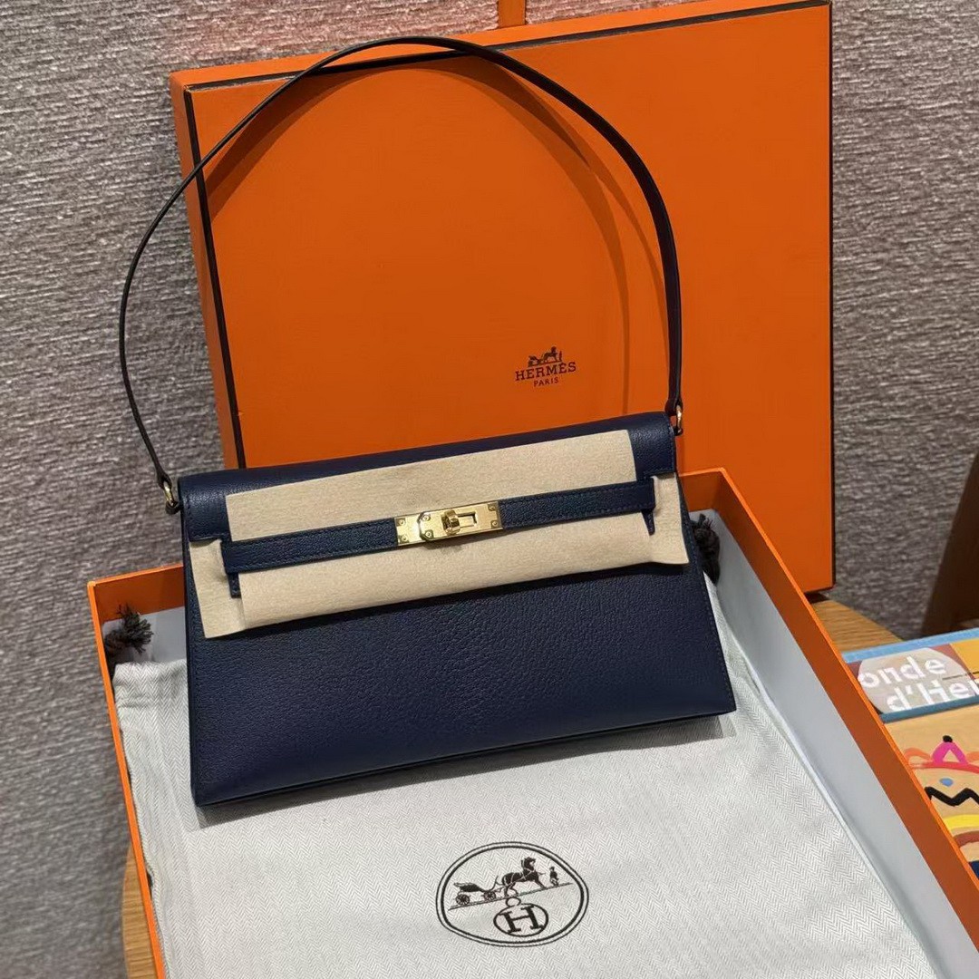 Hermes Kelly Elan Handmade In Chèvre Leather Gold Hardware 73 Blue Saphir - Image 12