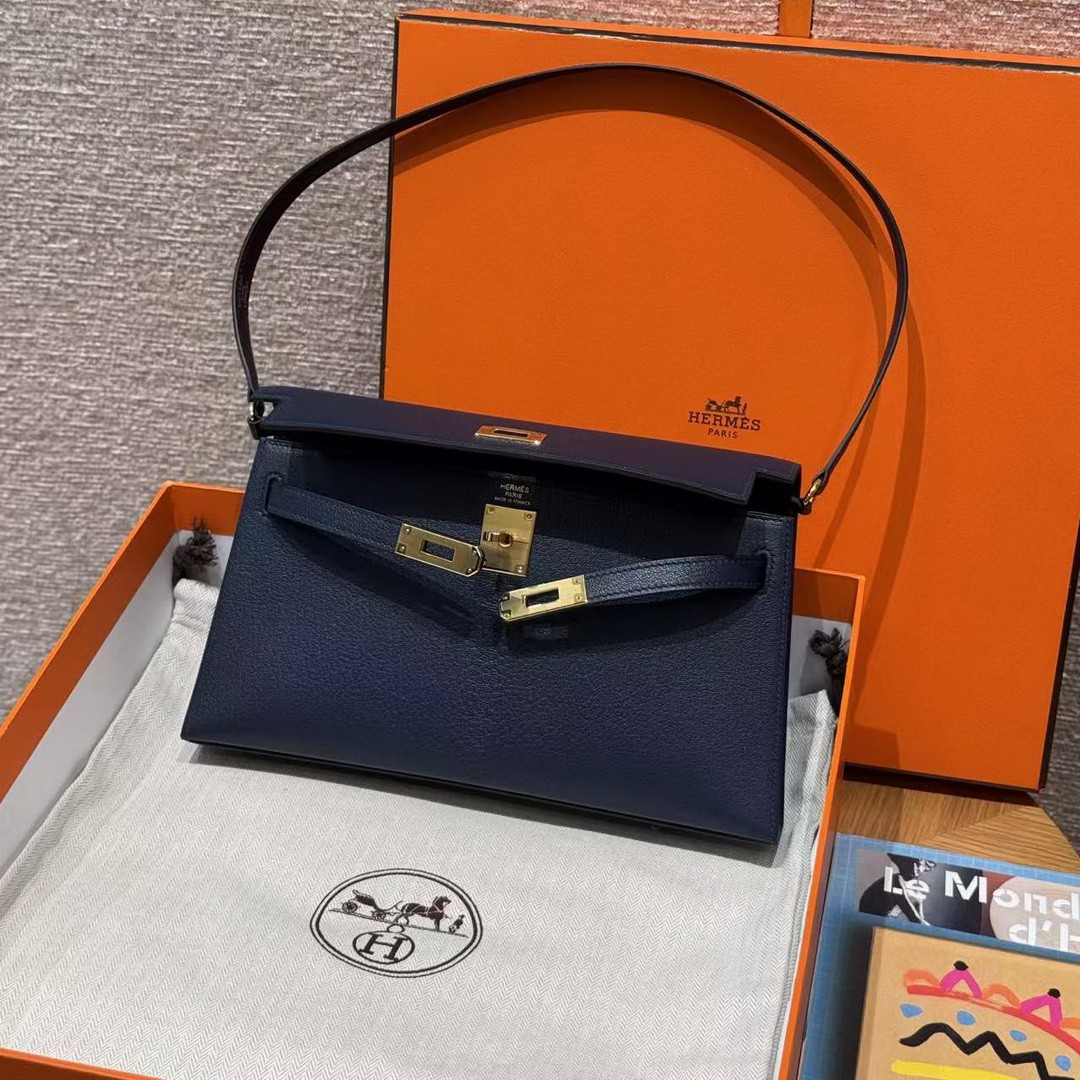 Hermes Kelly Elan Handmade In Chèvre Leather Gold Hardware 73 Blue Saphir - Image 11