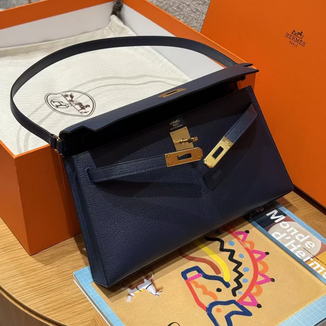 Hermes Kelly Elan Handmade In Chèvre Leather Gold Hardware 73 Blue Saphir - Image 10