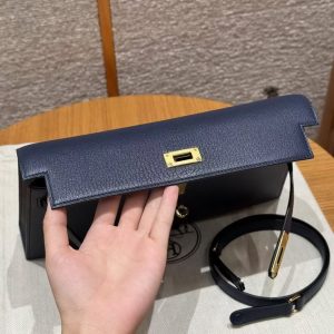 Hermes Kelly Elan Handmade In Chèvre Leather Gold Hardware 73 Blue Saphir - Image 9