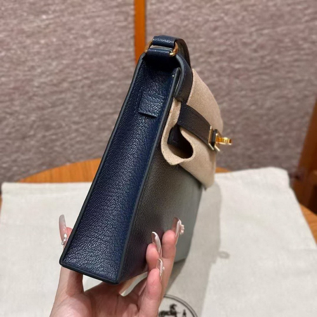 Hermes Kelly Elan Handmade In Chèvre Leather Gold Hardware S4 Deep Blue - Image 14