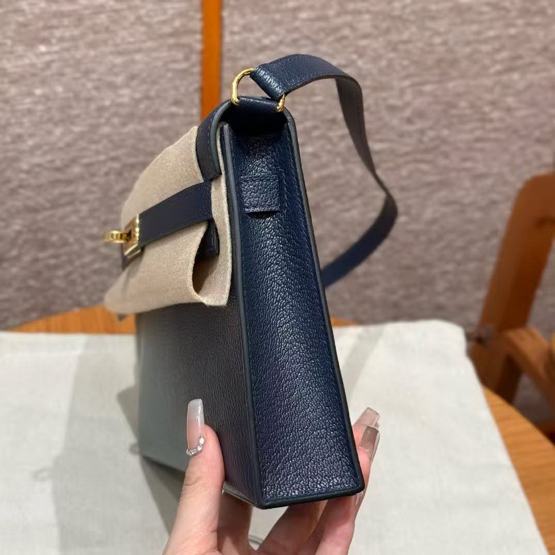 Hermes Kelly Elan Handmade In Chèvre Leather Gold Hardware S4 Deep Blue - Image 13