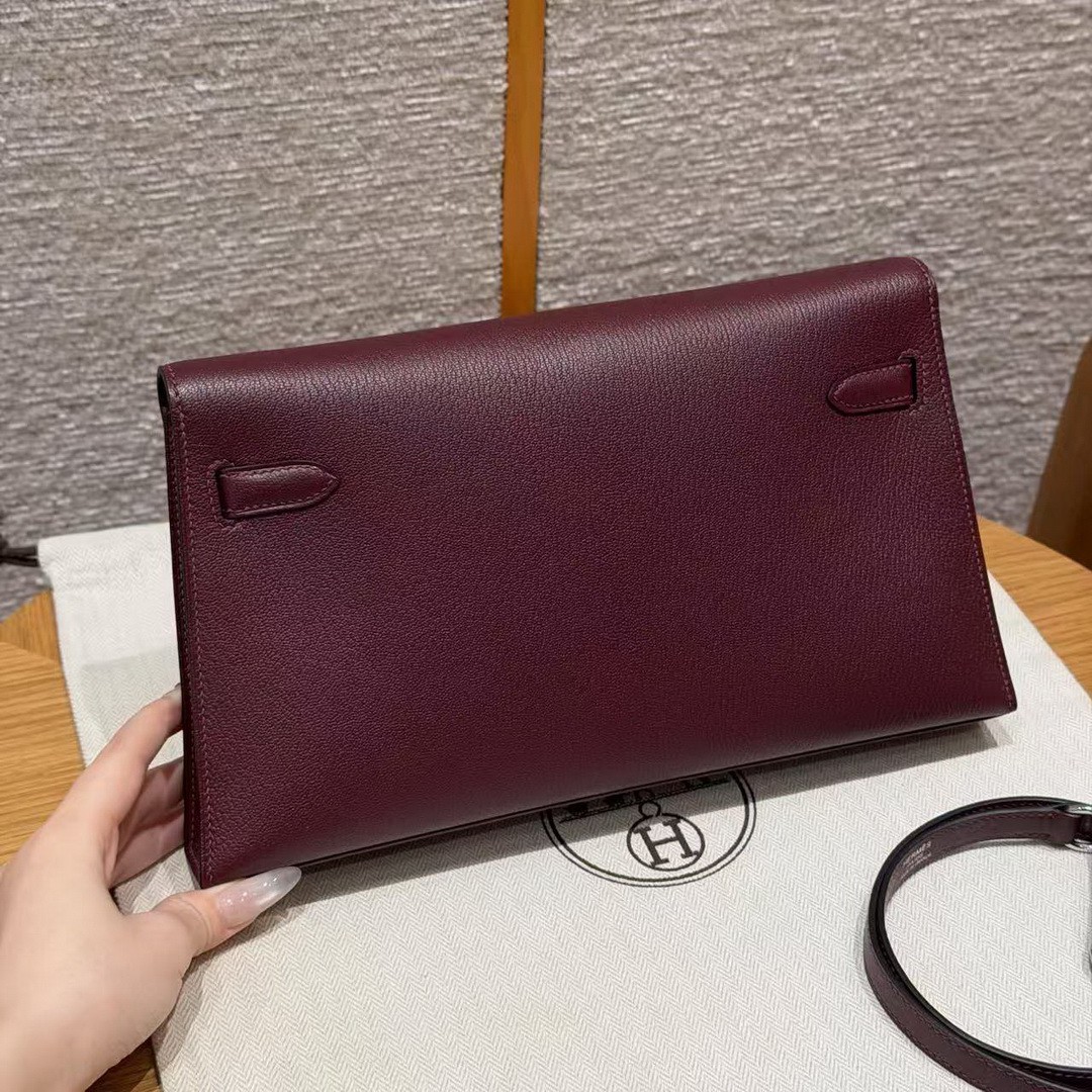 Hermes Kelly Elan Handmade In Chèvre Leather Silver Hardware 57 Bordeaux - Image 2