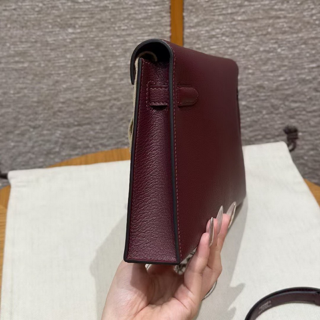Hermes Kelly Elan Handmade In Chèvre Leather Silver Hardware 57 Bordeaux - Image 19