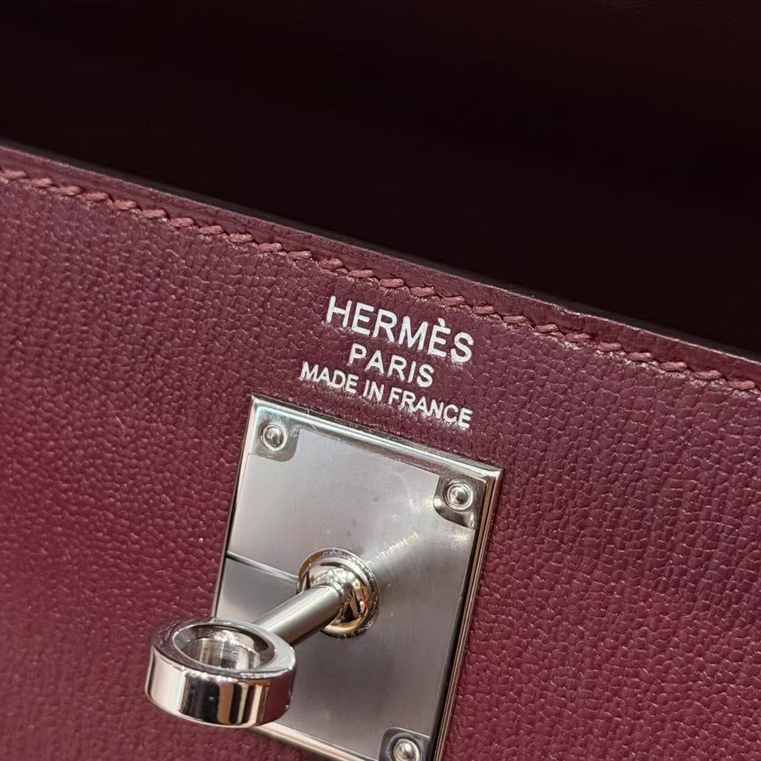Hermes Kelly Elan Handmade In Chèvre Leather Silver Hardware 57 Bordeaux - Image 16