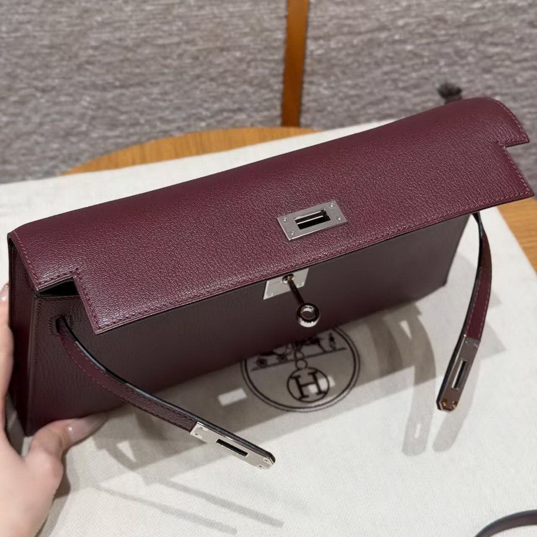 Hermes Kelly Elan Handmade In Chèvre Leather Silver Hardware 57 Bordeaux - Image 11