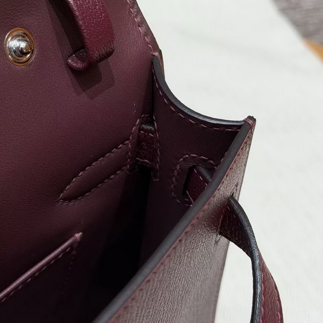 Hermes Kelly Elan Handmade In Chèvre Leather Silver Hardware 57 Bordeaux - Image 9