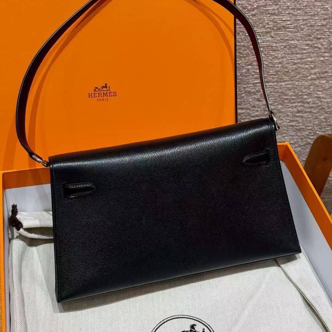 Hermes Kelly Elan Handmade In Chèvre Leather Silver Hardware 89 Noir - Image 2