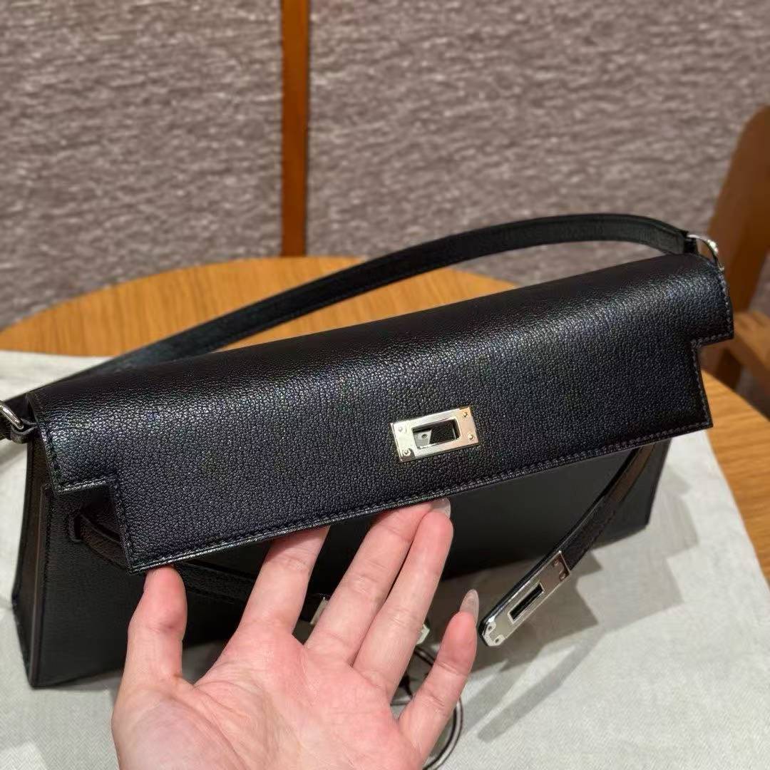 Hermes Kelly Elan Handmade In Chèvre Leather Silver Hardware 89 Noir - Image 15