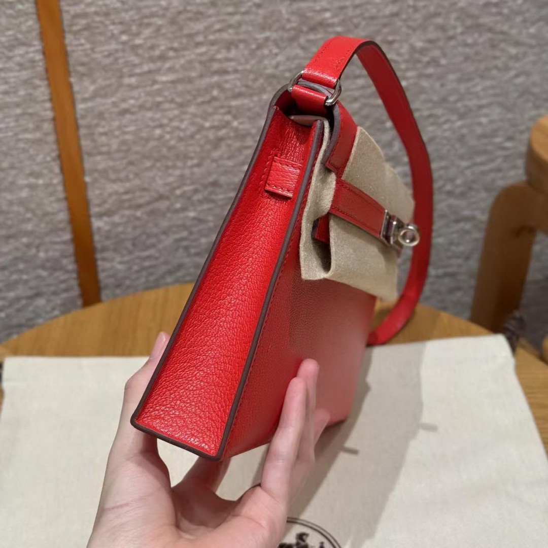 Hermes Kelly Elan Handmade In Chèvre Leather Silver Hardware S3 Rouge Coeur - Image 15