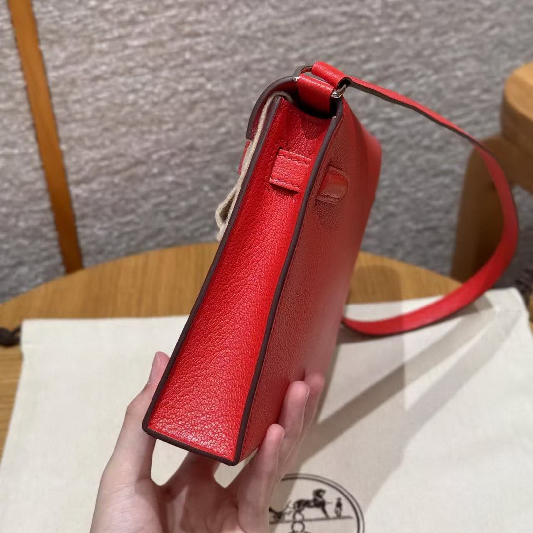 Hermes Kelly Elan Handmade In Chèvre Leather Silver Hardware S3 Rouge Coeur - Image 14