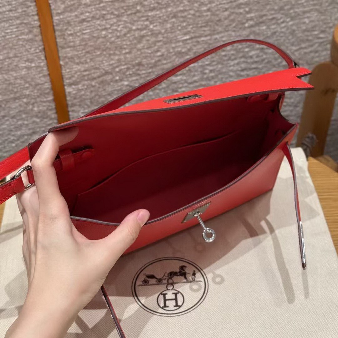 Hermes Kelly Elan Handmade In Chèvre Leather Silver Hardware S3 Rouge Coeur - Image 12