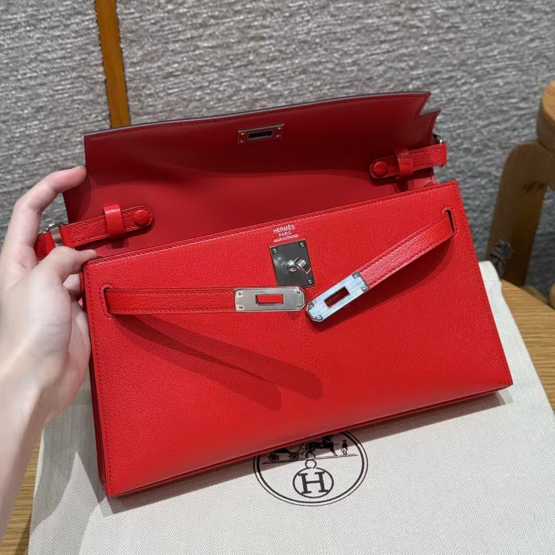Hermes Kelly Elan Handmade In Chèvre Leather Silver Hardware S3 Rouge Coeur - Image 9