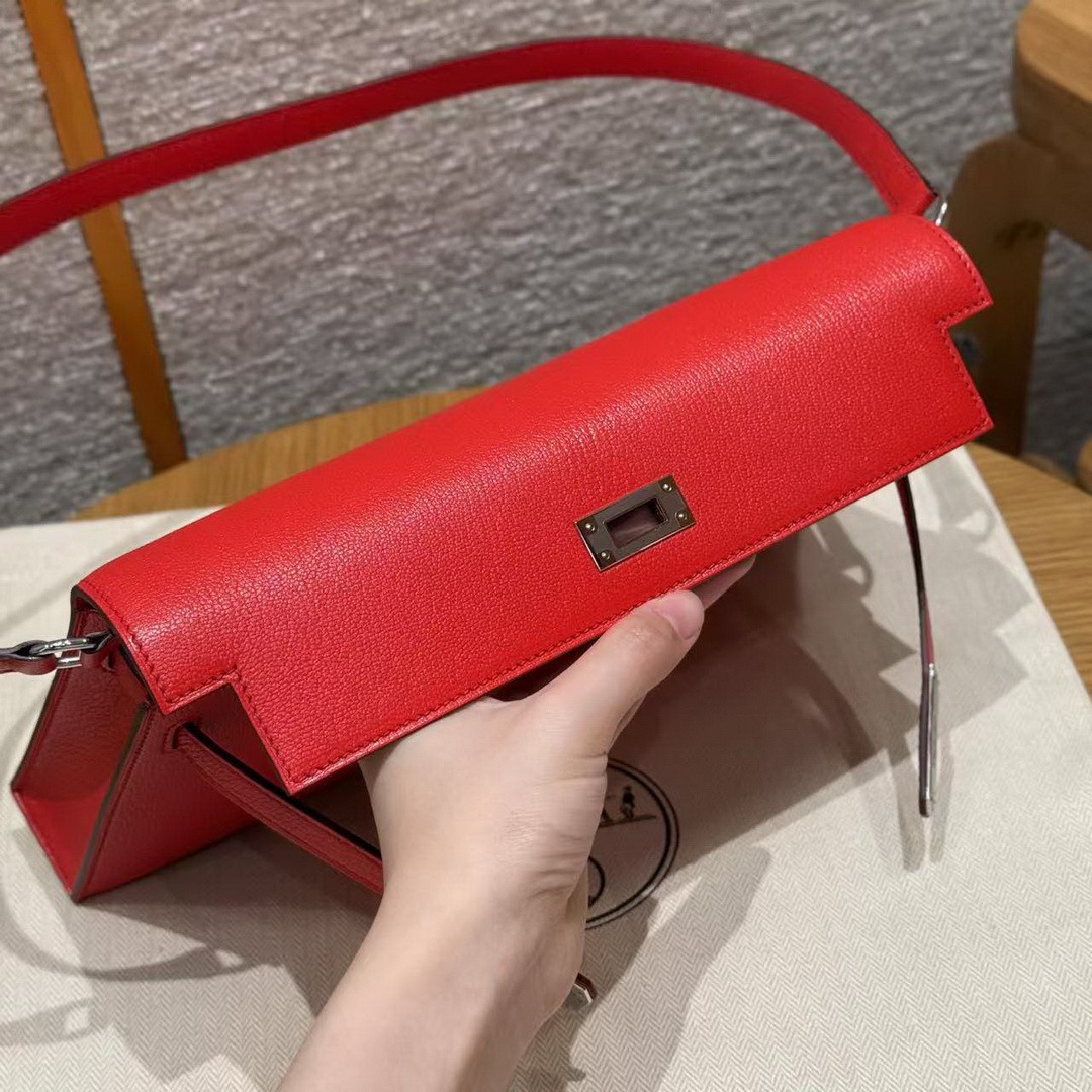 Hermes Kelly Elan Handmade In Chèvre Leather Silver Hardware S3 Rouge Coeur - Image 8