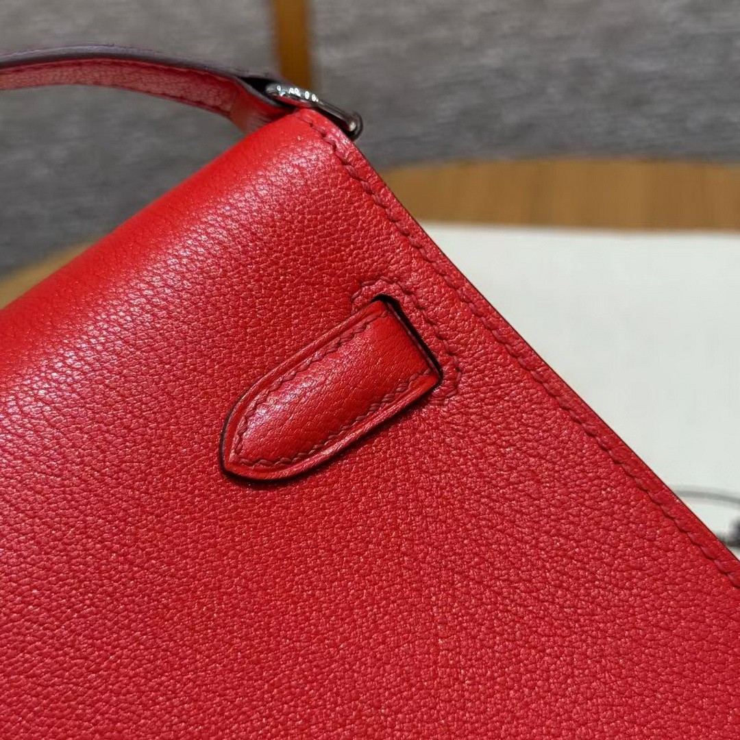 Hermes Kelly Elan Handmade In Chèvre Leather Silver Hardware S3 Rouge Coeur - Image 4