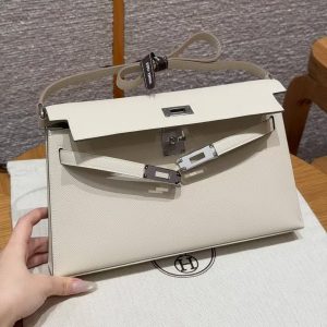 Hermes Kelly Elan Handmade In Epsom Calfskin Leather Silver Hardware 10 Craie - Image 12
