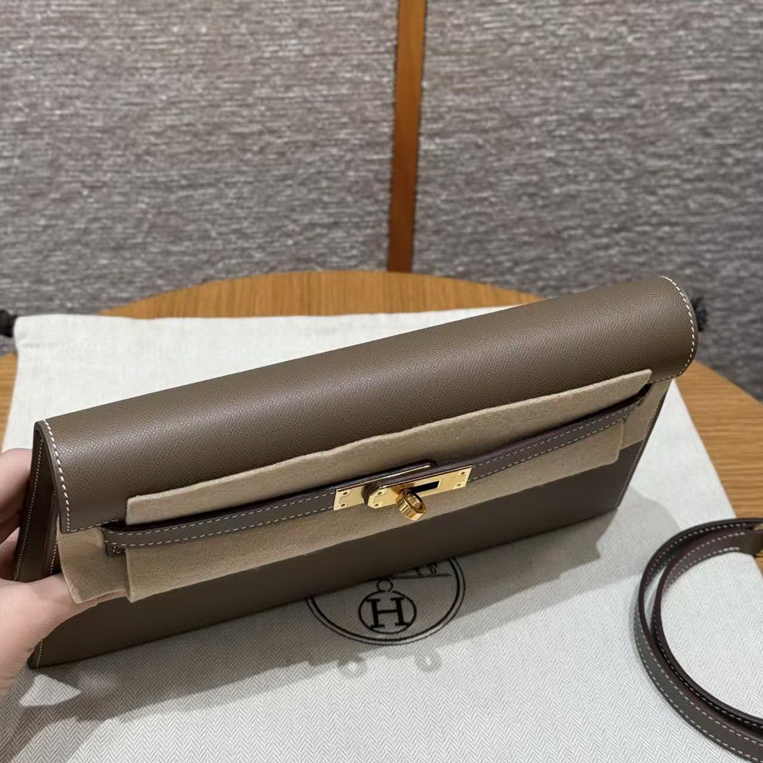 Hermes Kelly Elan Handmade In Madame Calfskin Leather Gold Hardware 18 Etoupe - Image 15