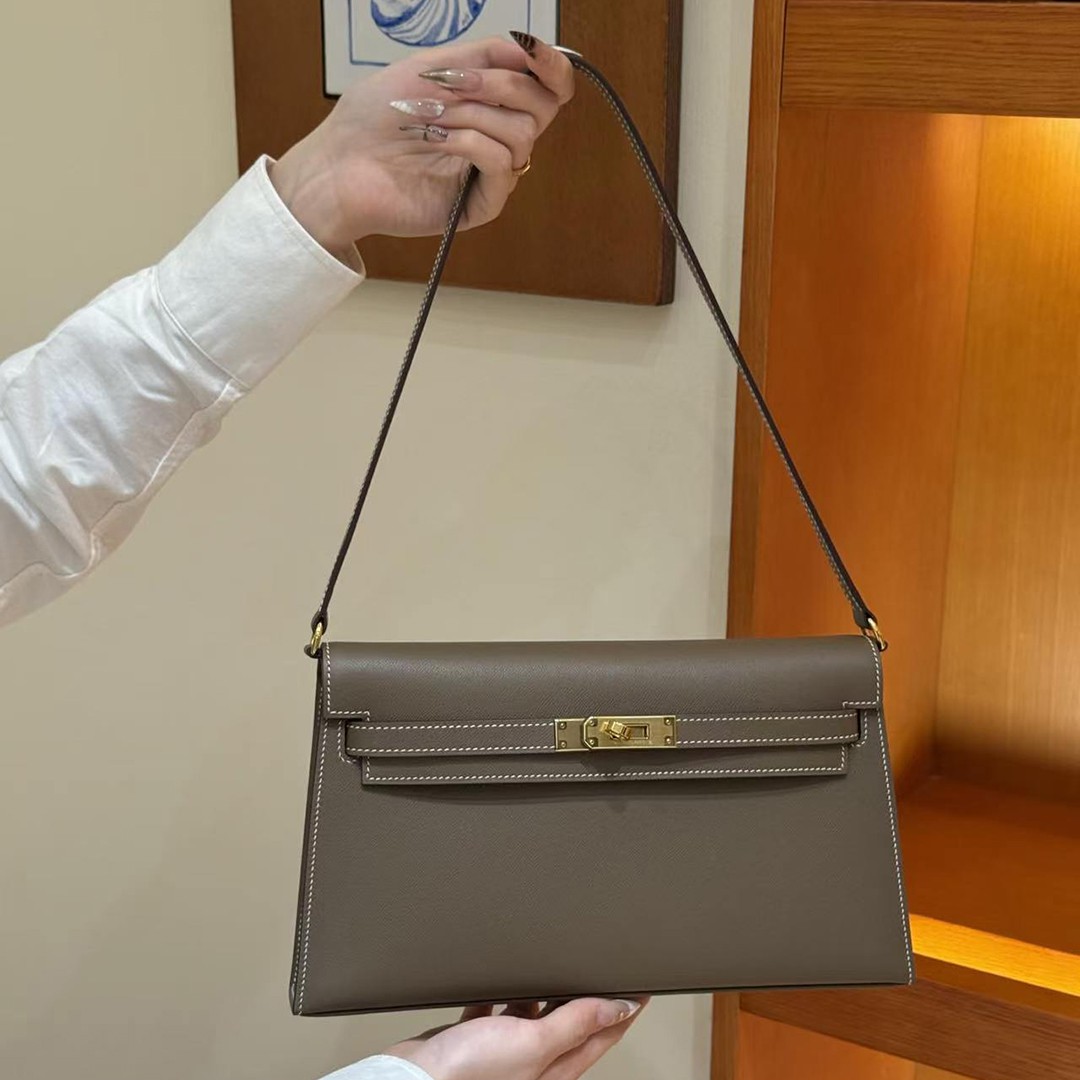 Hermes Kelly Elan Handmade In Madame Calfskin Leather Gold Hardware 18 Etoupe - Image 12