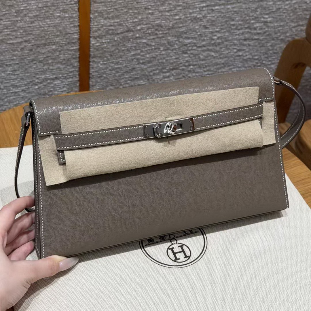 Hermes Kelly Elan Handmade In Madame Calfskin Leather Silver Hardware 18 Etoupe