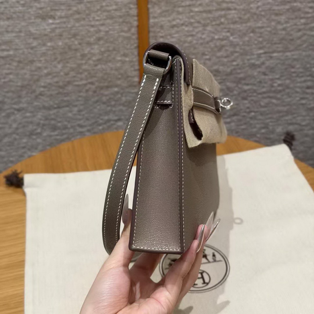 Hermes Kelly Elan Handmade In Madame Calfskin Leather Silver Hardware 18 Etoupe - Image 2