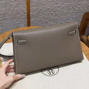 Hermes Kelly Elan Handmade In Madame Calfskin Leather Silver Hardware 18 Etoupe - Image 16