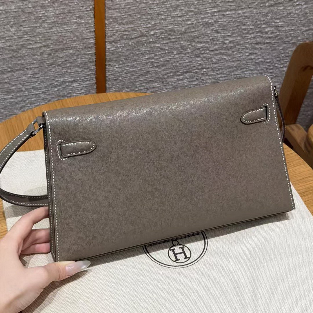 Hermes Kelly Elan Handmade In Madame Calfskin Leather Silver Hardware 18 Etoupe - Image 16