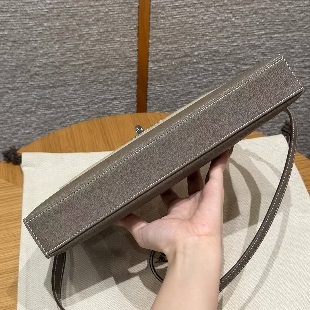 Hermes Kelly Elan Handmade In Madame Calfskin Leather Silver Hardware 18 Etoupe - Image 14