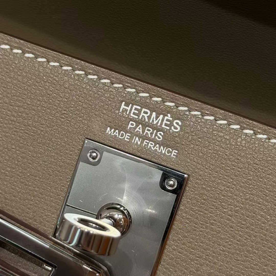 Hermes Kelly Elan Handmade In Madame Calfskin Leather Silver Hardware 18 Etoupe - Image 12