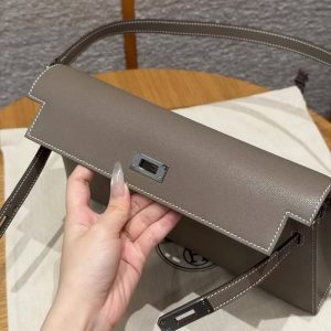Hermes Kelly Elan Handmade In Madame Calfskin Leather Silver Hardware 18 Etoupe - Image 9