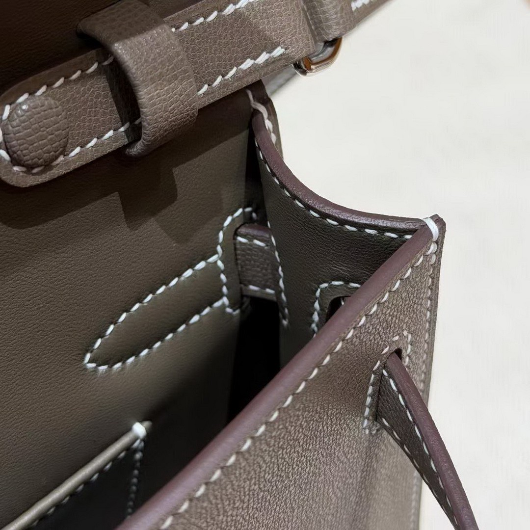 Hermes Kelly Elan Handmade In Madame Calfskin Leather Silver Hardware 18 Etoupe - Image 8