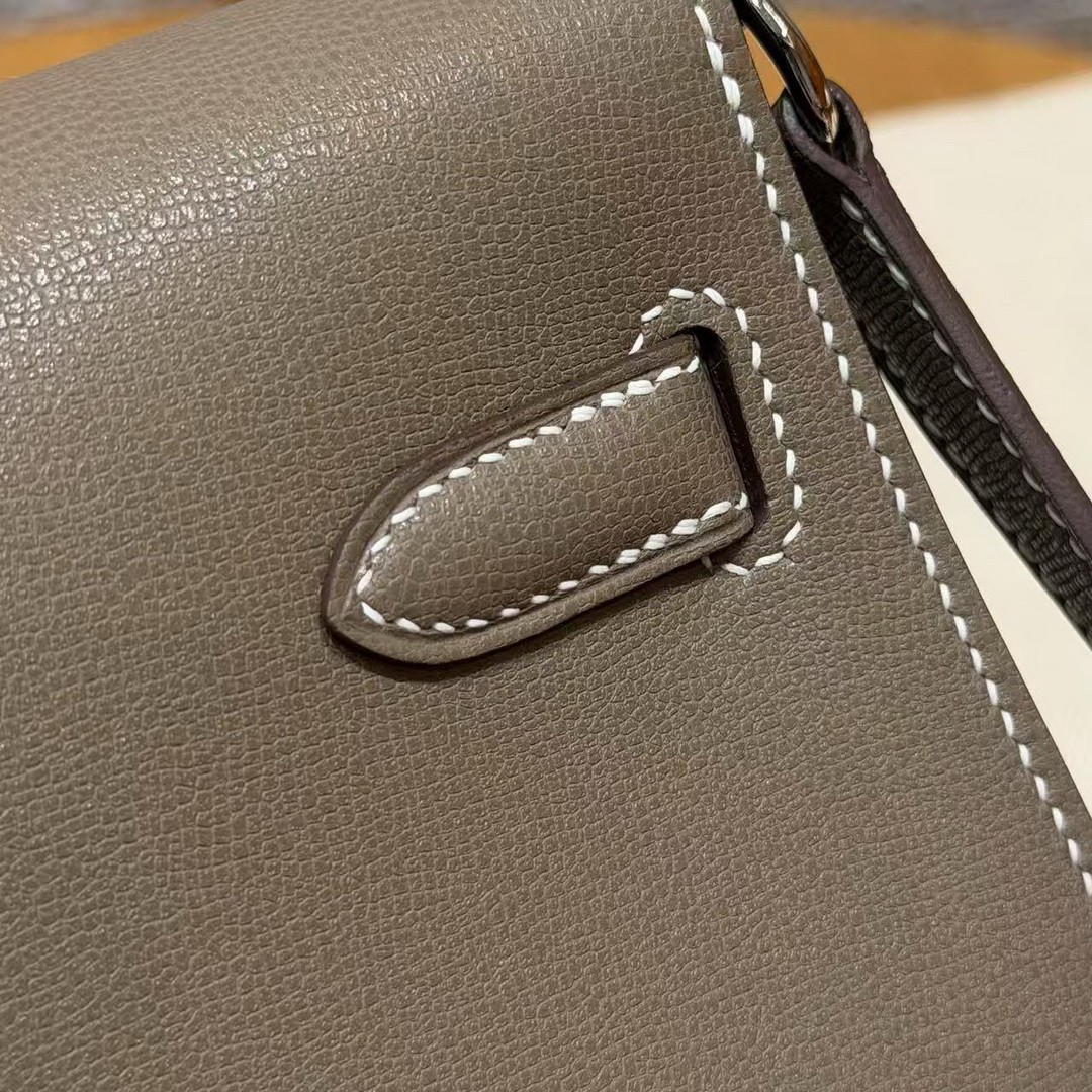 Hermes Kelly Elan Handmade In Madame Calfskin Leather Silver Hardware 18 Etoupe - Image 3