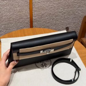 Hermes Kelly Elan Handmade In Madame Calfskin Leather Silver Hardware 89 Noir - Image 16