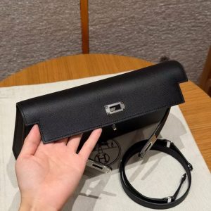 Hermes Kelly Elan Handmade In Madame Calfskin Leather Silver Hardware 89 Noir - Image 15