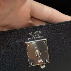 Hermes Kelly Elan Handmade In Madame Calfskin Leather Silver Hardware 89 Noir - Image 13