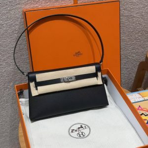 Hermes Kelly Elan Handmade In Madame Calfskin Leather Silver Hardware 89 Noir - Image 11