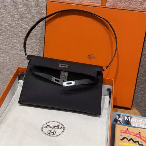 Hermes Kelly Elan Handmade In Madame Calfskin Leather Silver Hardware 89 Noir - Image 10