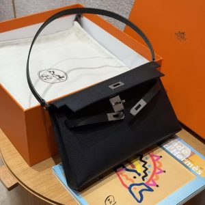 Hermes Kelly Elan Handmade In Madame Calfskin Leather Silver Hardware 89 Noir - Image 9